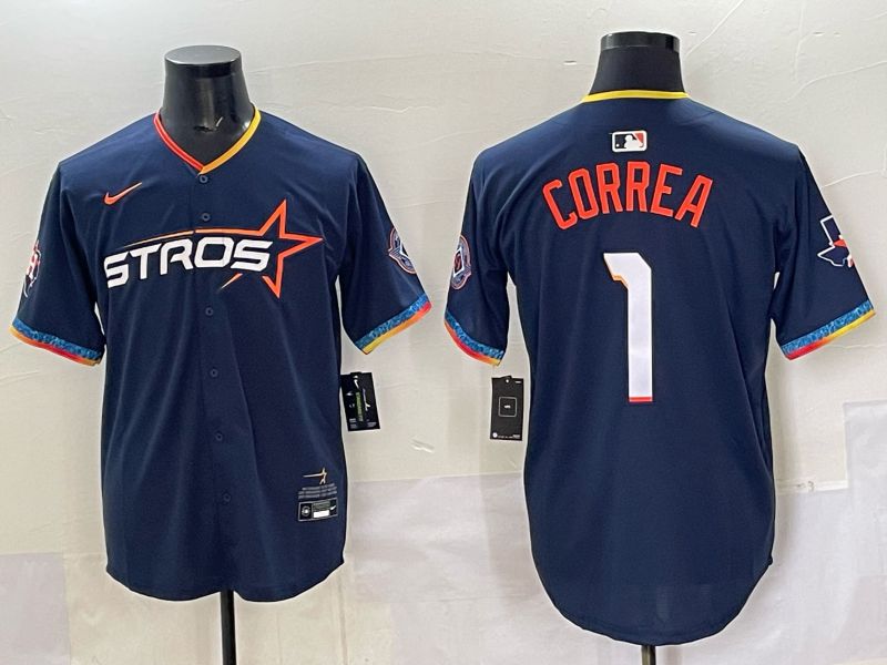Men 2025 Houston Astros #1 Correa Blue Four generations Joint Name Nike MLB Jersey style 01